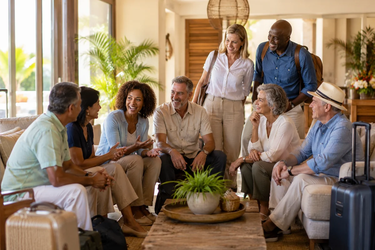 Diverse group of mature travelers laughing and talking in a bright resort lobby with luggage, gathering for a group trip