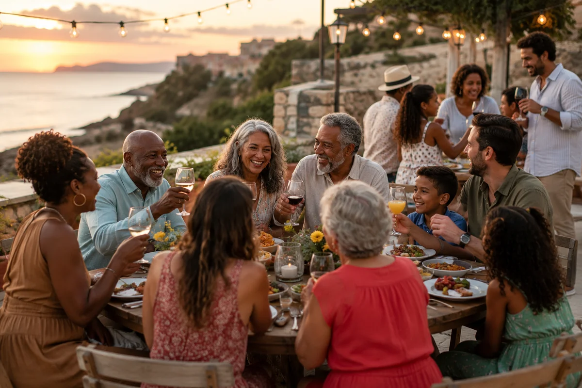 Group of friends and family celebrating together during a destination reunion or milestone trip