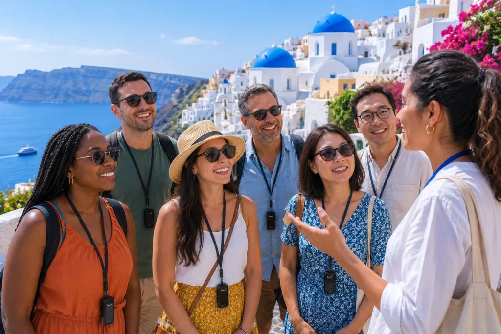 Diverse group of smiling travelers with a tour guide overlooking the whitewashed buildings and blue domes of Santorini by the sea
