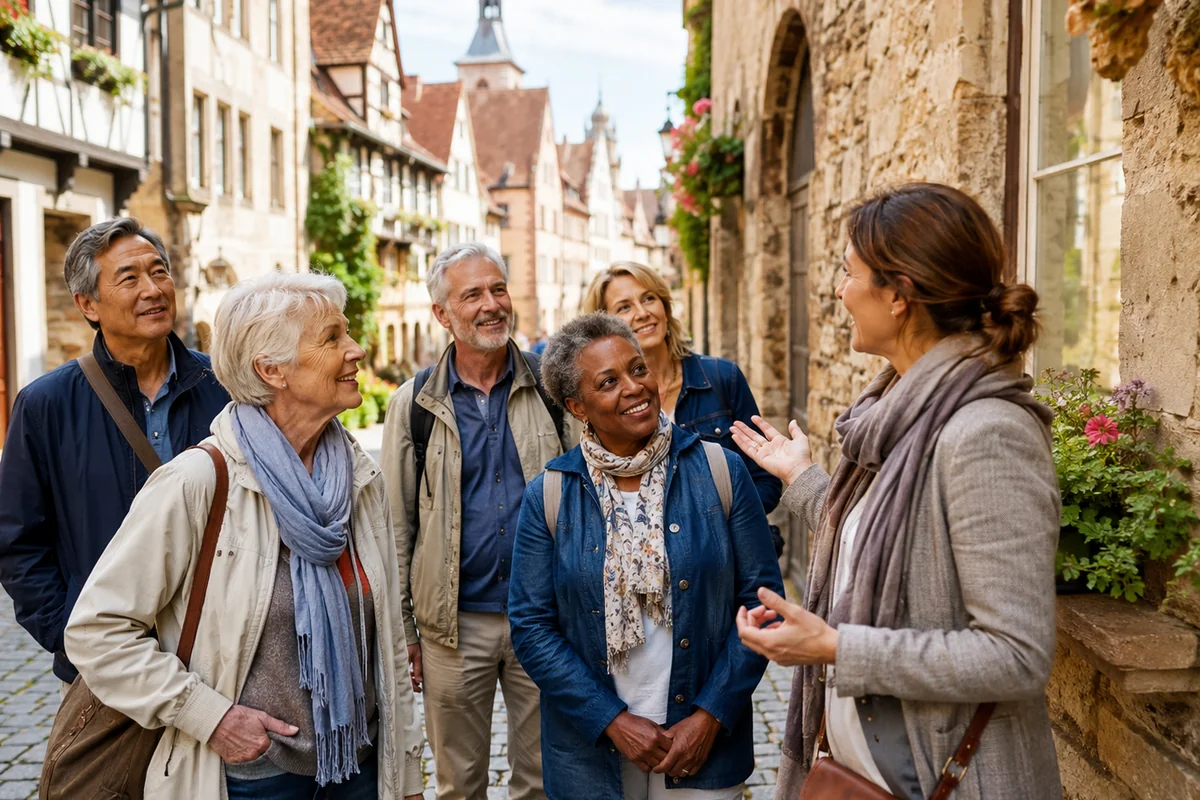 Travelers exploring a historic European street with a local guide