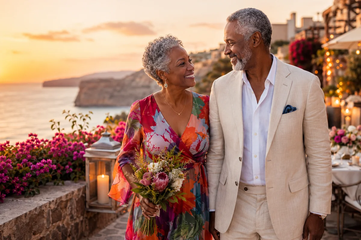 Mature couple smiling at each other on a golden-hour coastal terrace with ocean cliffs and flowers during an anniversary or vow-renewal celebration trip