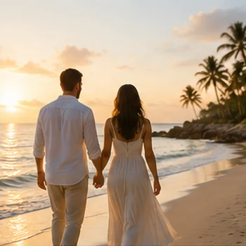 Couple walking hand in hand on a tropical beach at sunset