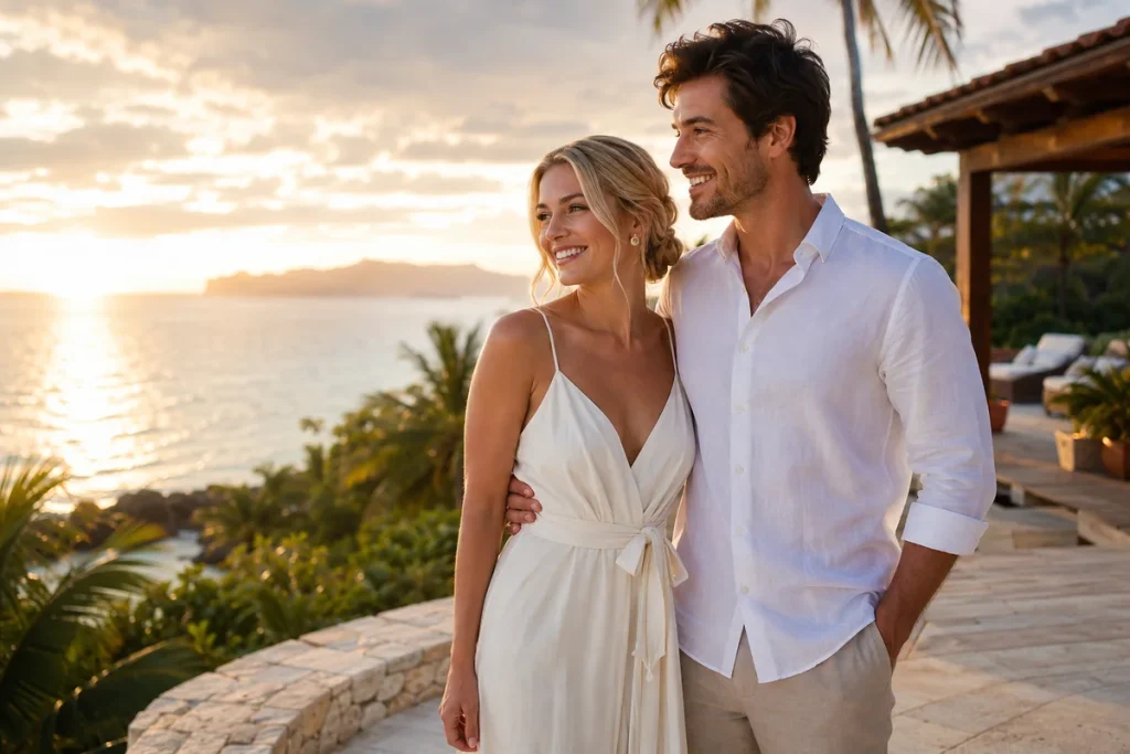 Happy young couple in formal attire standing close together on a tropical resort terrace at sunset overlooking the ocean