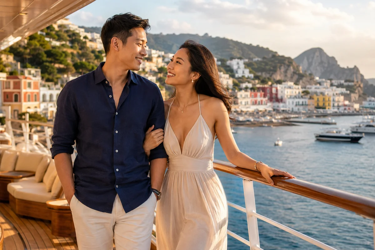 Happy couple standing together on a cruise ship deck overlooking a colorful Mediterranean harbor town during a multi-destination honeymoon cruise