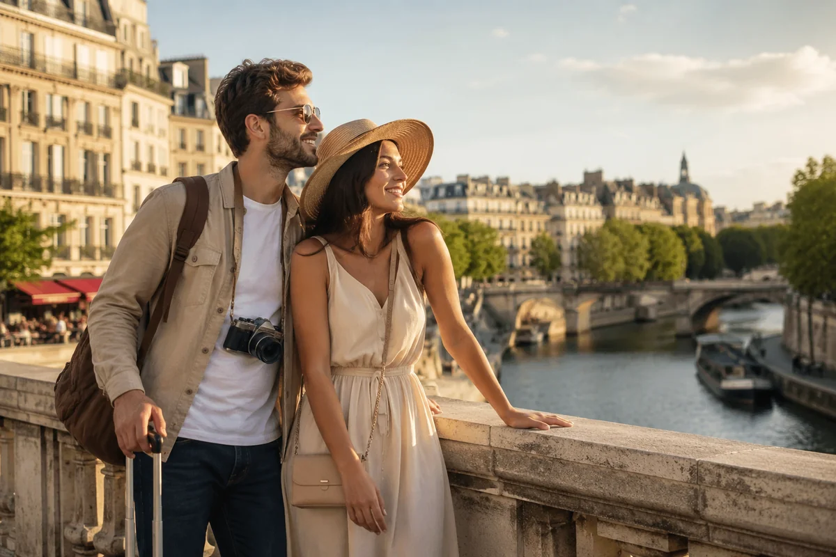 Happy couple standing on a bridge overlooking the Seine in Paris at golden hour during a custom honeymoon or destination wedding trip