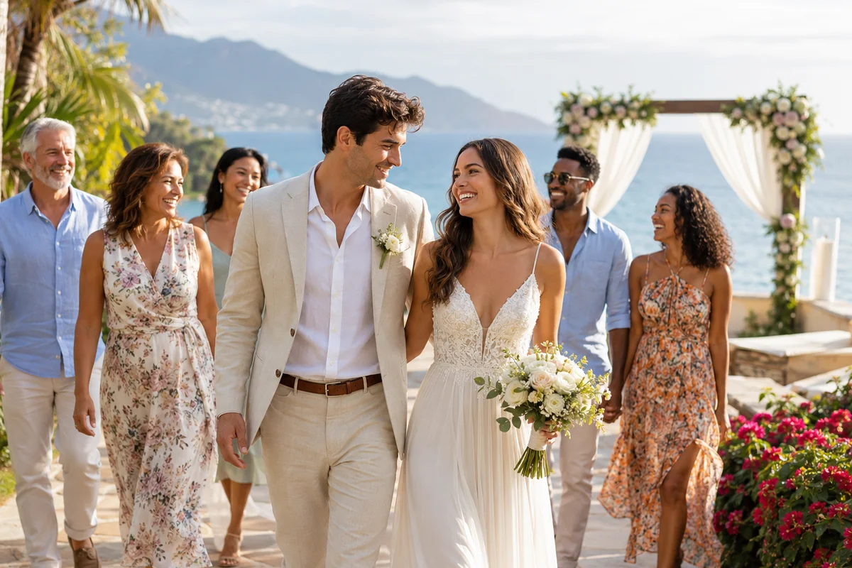 Newlywed couple walking together after their seaside destination wedding ceremony with smiling guests following behind them under a floral arch by the ocean