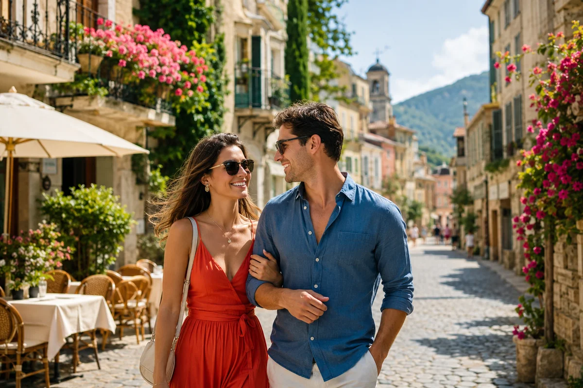 Couple exploring a historic European city during a multi-city honeymoon