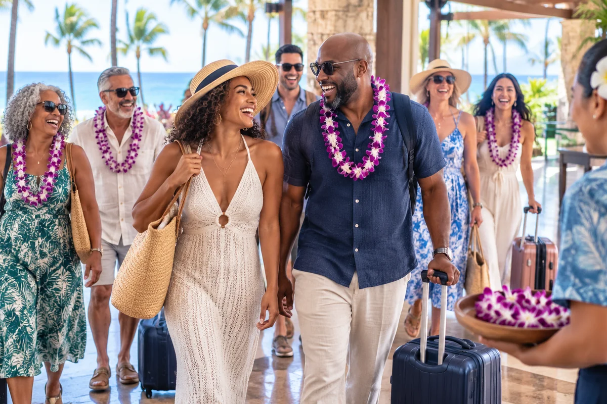 Happy group of travelers wearing leis arriving at a sunny tropical resort lobby with luggage for a destination wedding or group honeymoon celebration