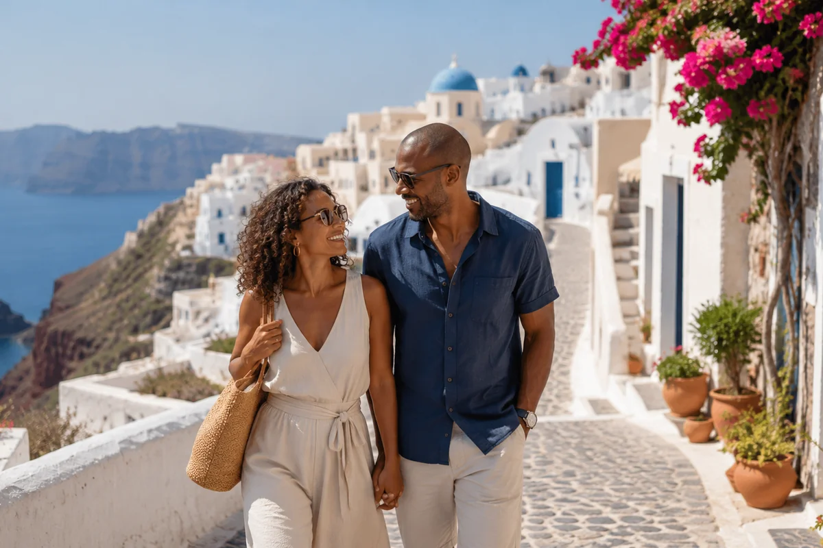 Happy couple walking hand-in-hand through the whitewashed streets of Santorini with blue domes and sea views during honeymoon or destination wedding planning