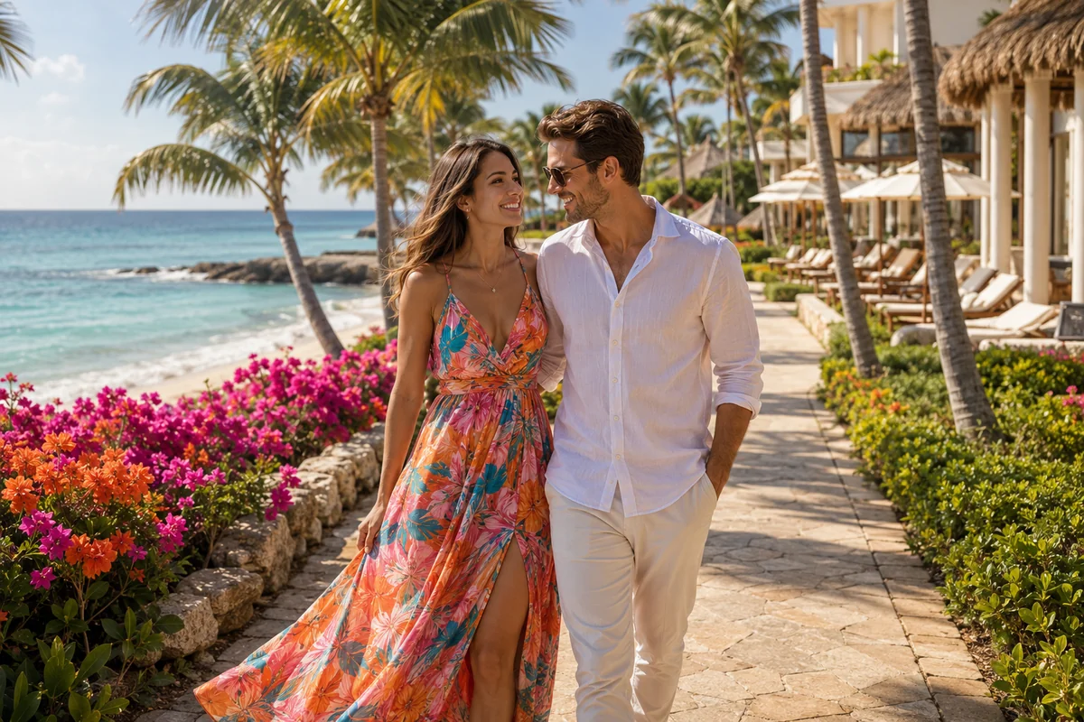 Couple enjoying a tropical all-inclusive resort during their honeymoon