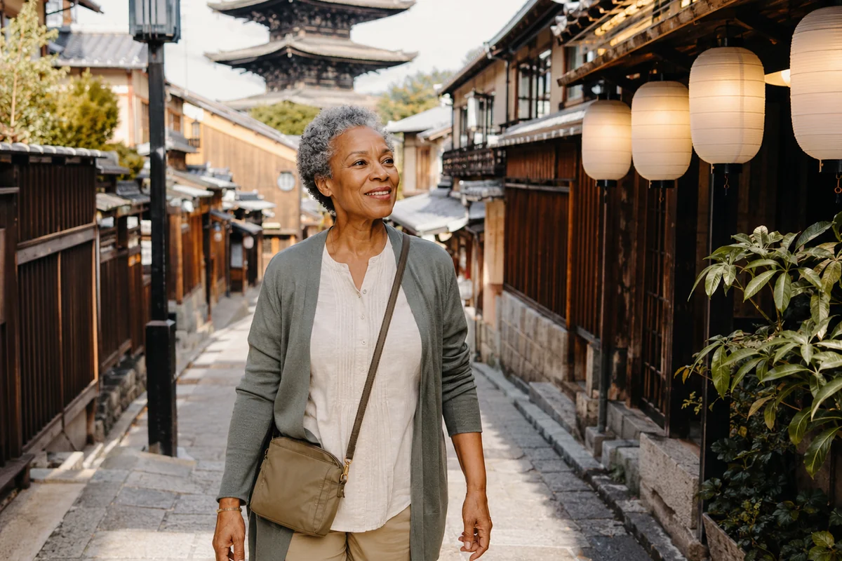 Travelers experiencing the streets and cultural traditions of Kyoto during an international journey
