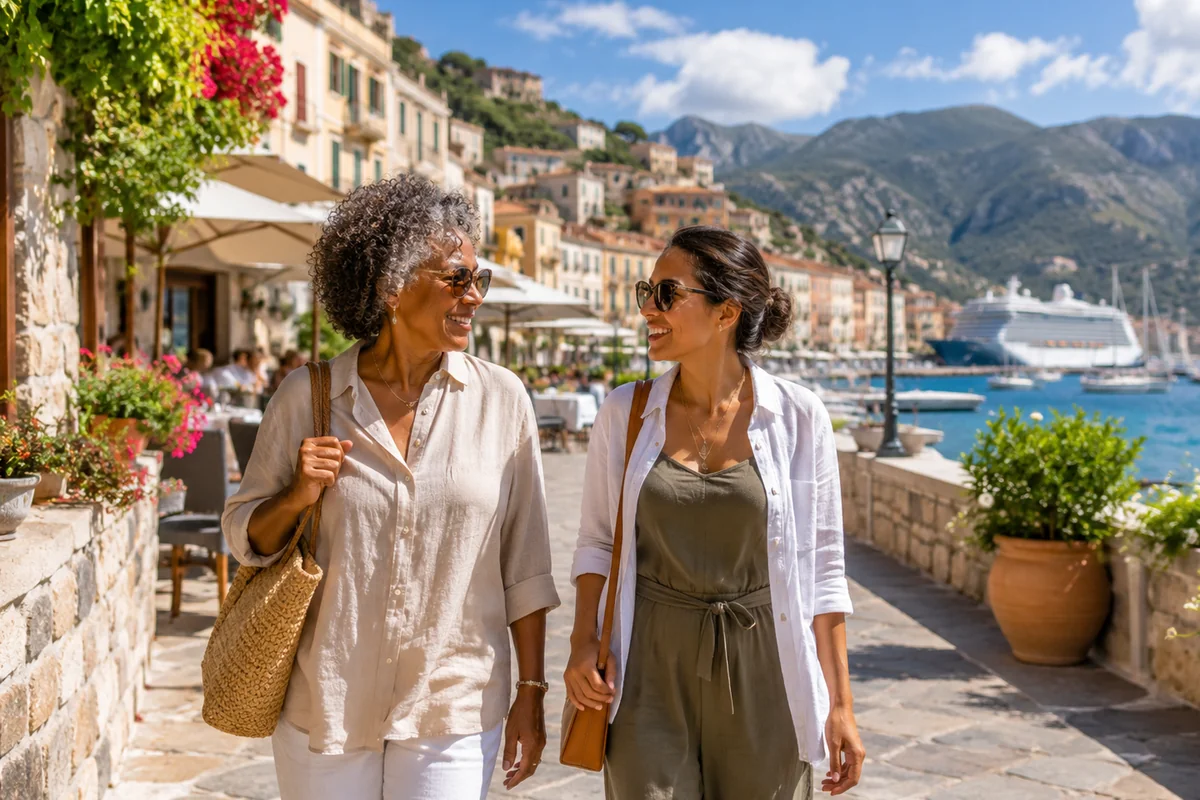 Two mature women walking along a sunny Mediterranean harbor promenade with a cruise ship and colorful hillside town in the background during a cruise-and-land international vacation