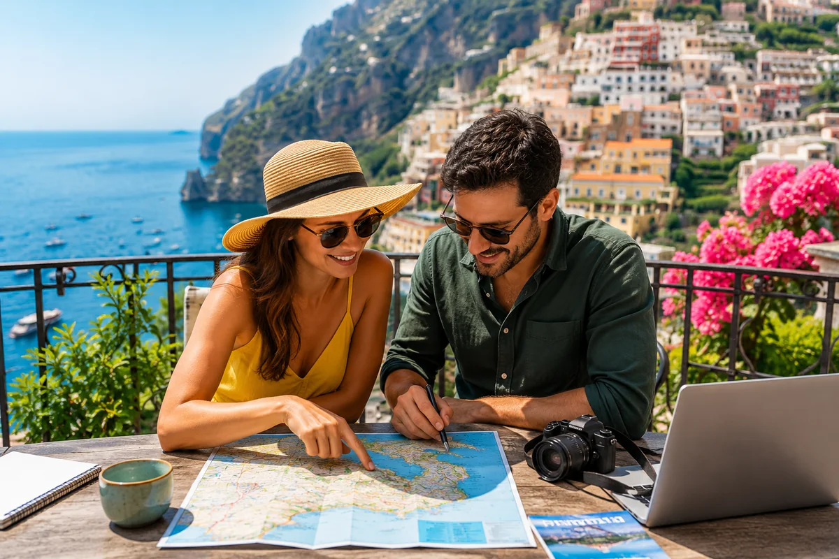 Travelers reviewing a personalized international vacation itinerary and map