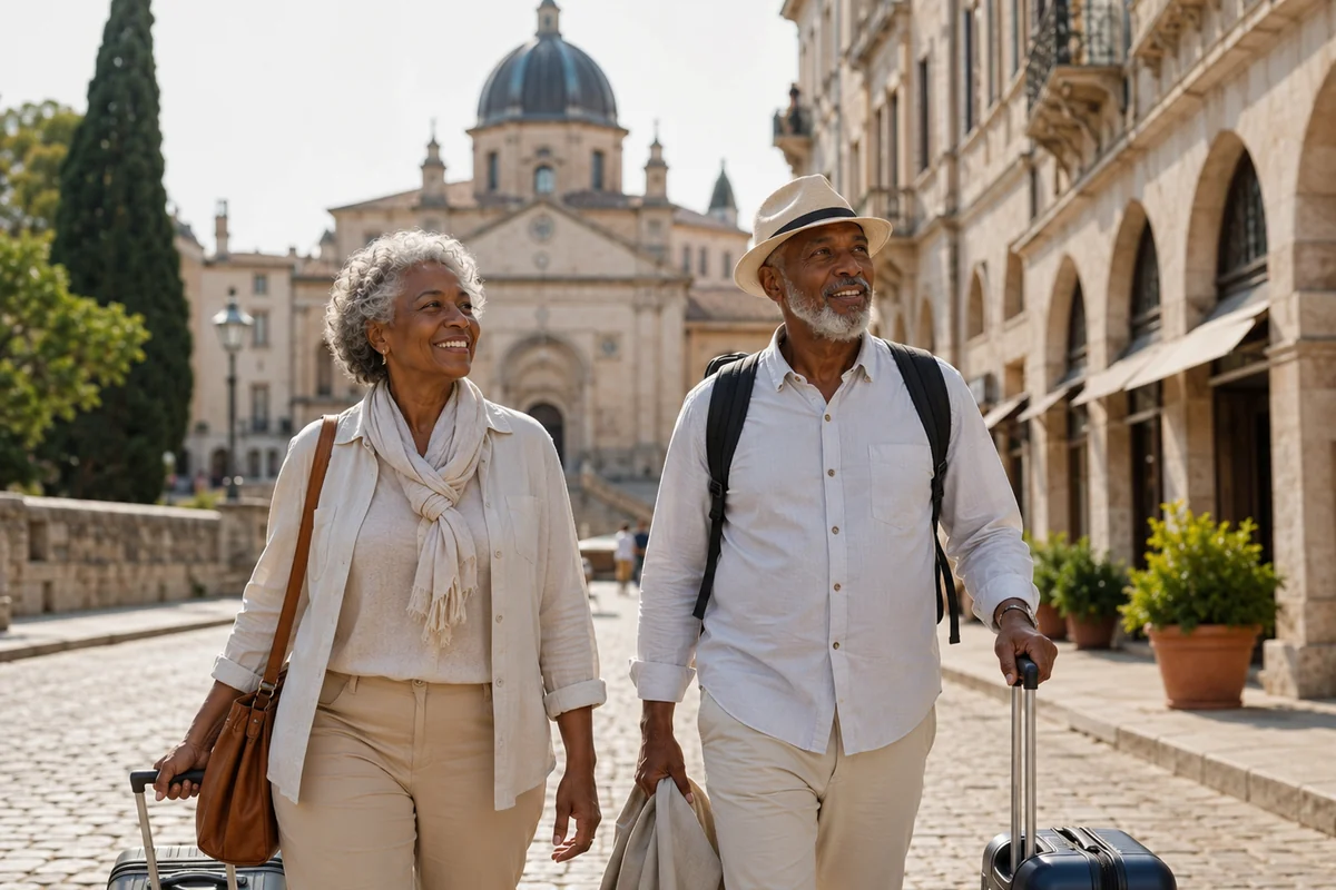 Mature travelers exploring a historic European plaza during a multi-country vacation