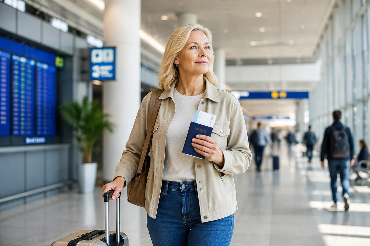Confident mature woman walking through a bright modern airport terminal with passport, boarding pass, and rolling luggage on her first complex international trip