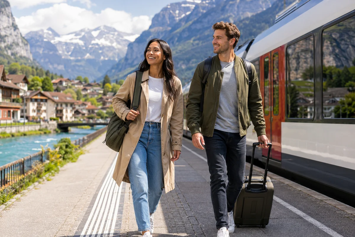 Couple walking with luggage along a sunny train platform in a scenic alpine village with snow-capped mountains during an international rail journey