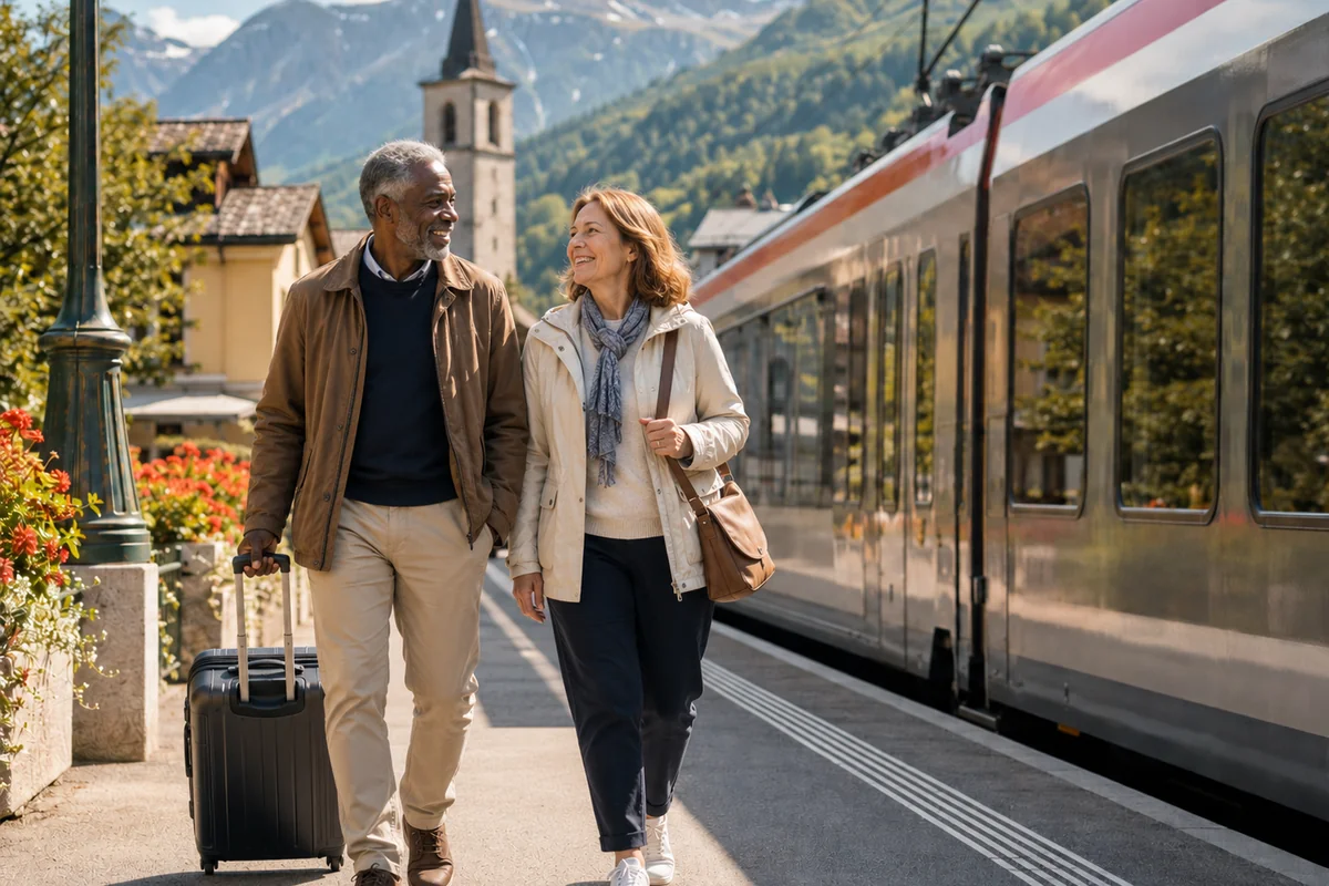Mature couple walking with luggage along a sunny train platform in a scenic alpine village during thoughtfully connected international travel