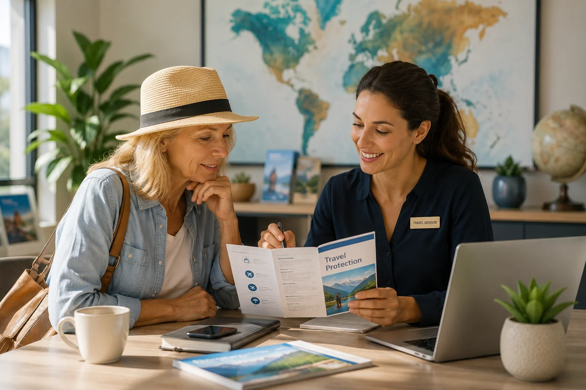 Mature traveler reviewing a travel protection brochure with a professional travel advisor during a consultation for international trip insurance