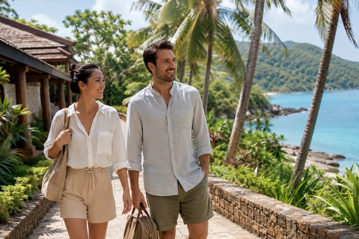 Couple enjoying a tropical destination during a long-haul international vacation