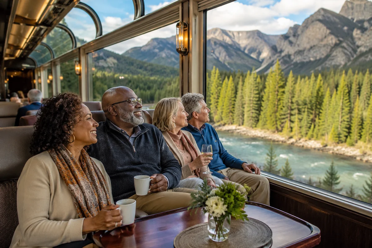 Mature travelers enjoying drinks in a luxurious glass-domed train car overlooking a mountain river and evergreen forests during a specialty rail journey