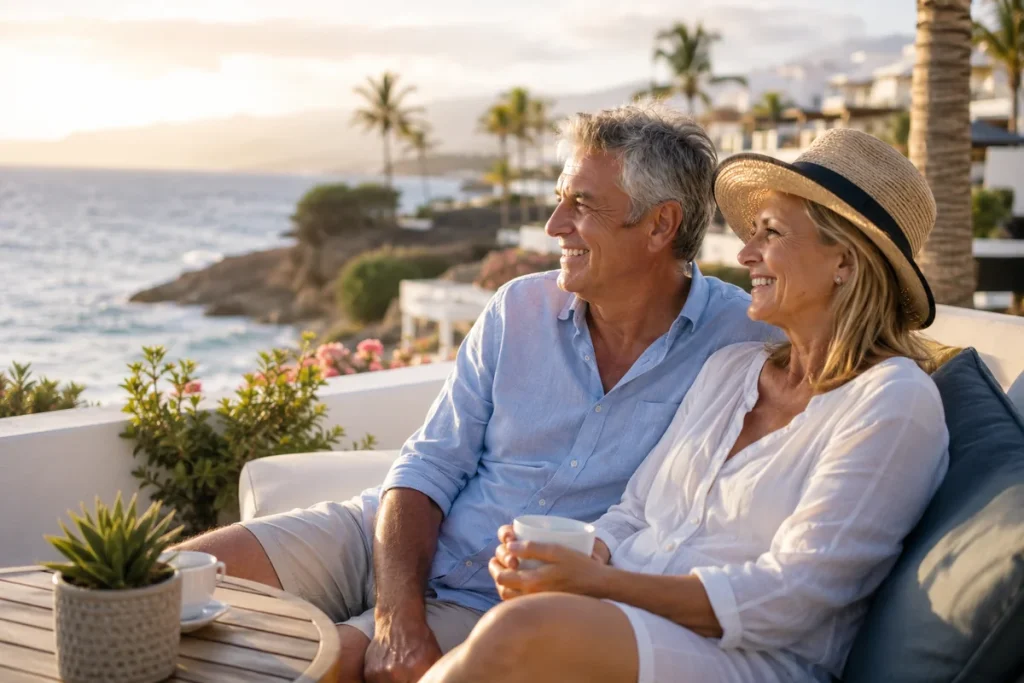 Mature couple relaxing on an oceanfront terrace during a personalized vacation