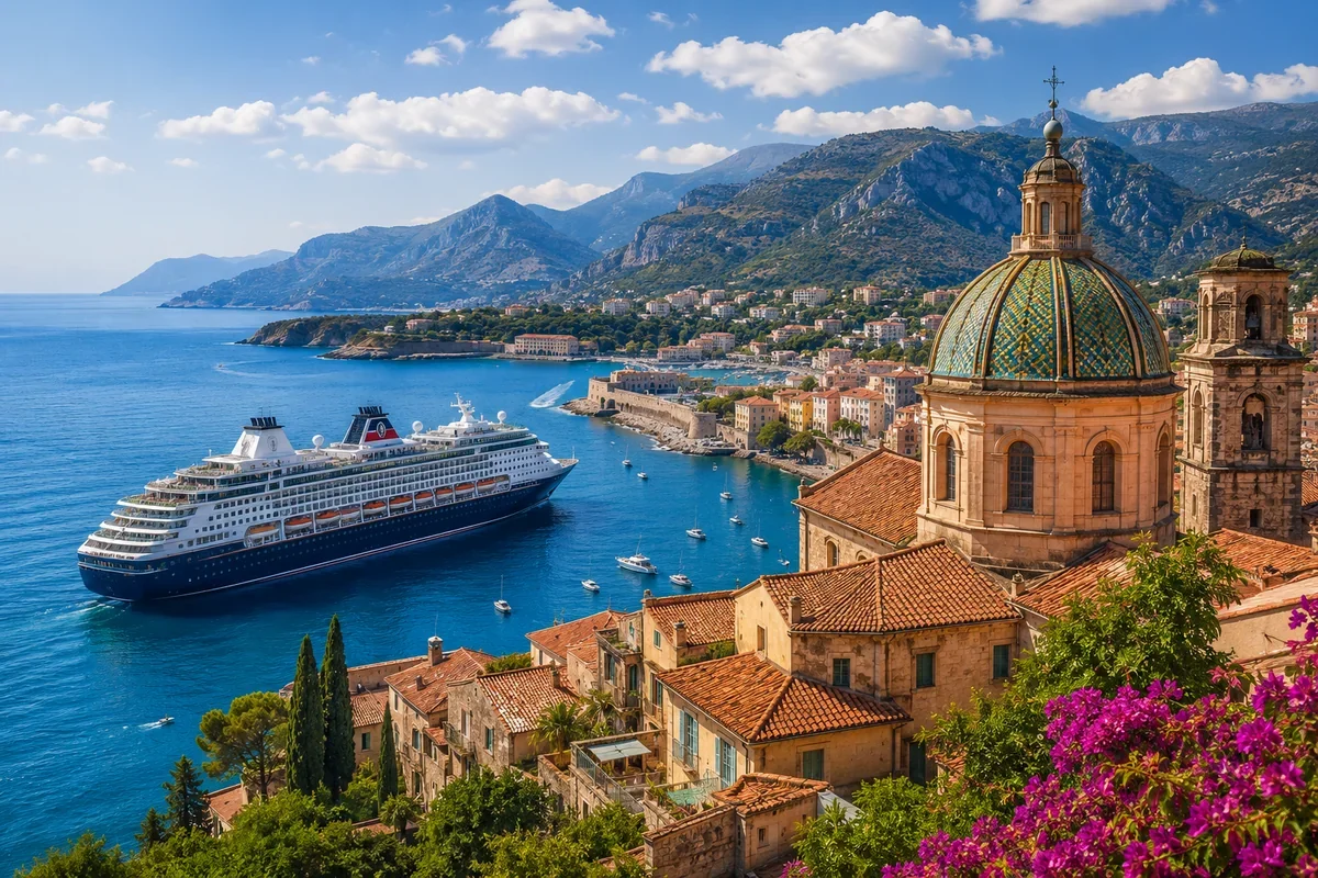 Cruise ship sailing into a Mediterranean harbor with terracotta rooftops, a tiled dome church, and rugged mountains under a clear blue sky