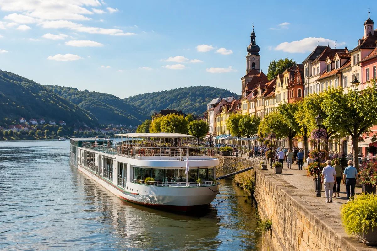 River cruise ship docked along a colorful European riverfront town with a church tower, tree-lined promenade, and green hills under a clear blue sky