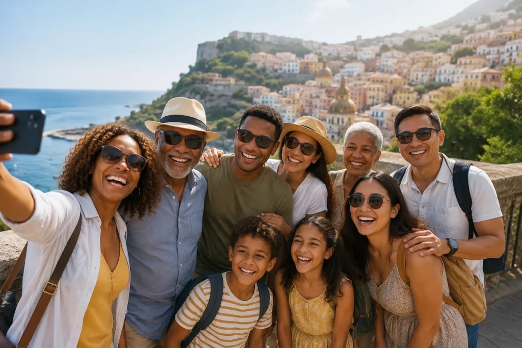 Multigenerational family smiling for a selfie at a sunny overlook above a colorful hillside coastal village and the ocean