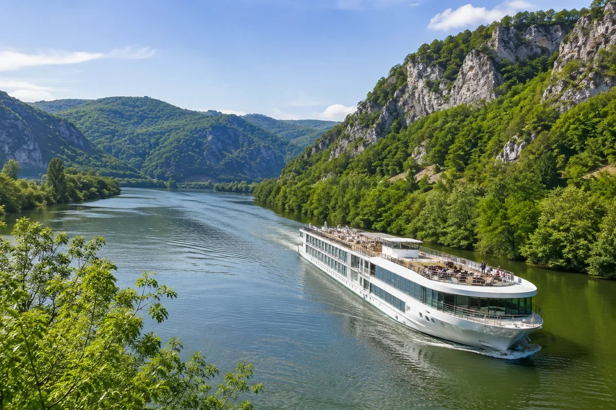 Modern river cruise ship sailing through a dramatic green river gorge with steep rocky cliffs under a clear blue sky
