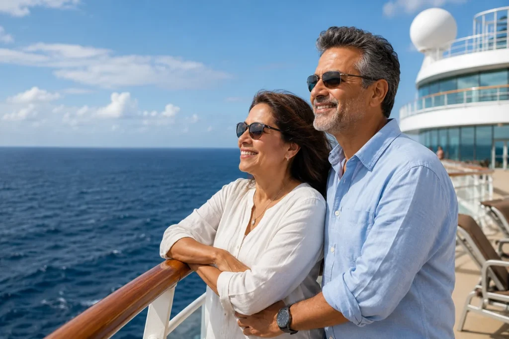 Couple enjoying ocean views from the deck of a cruise ship