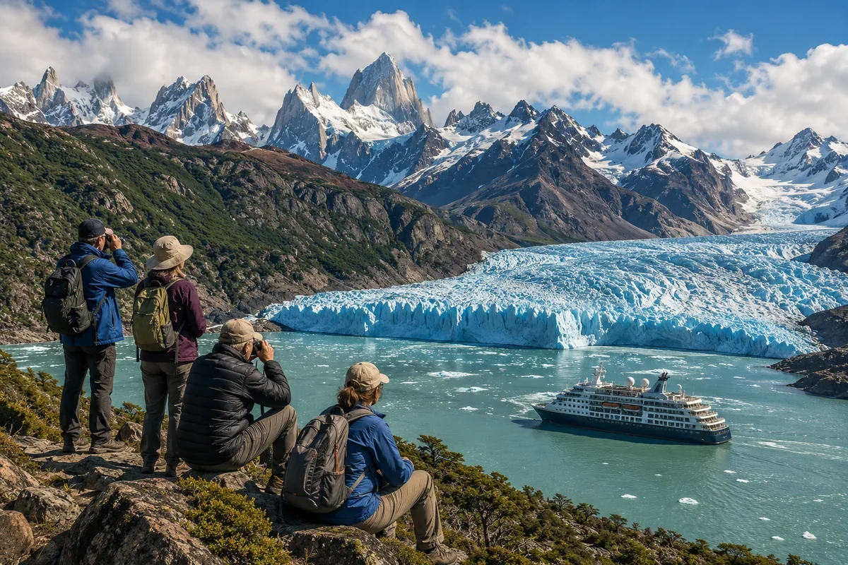 Expedition cruise travelers overlooking a glacier and ship in Patagonia, South America