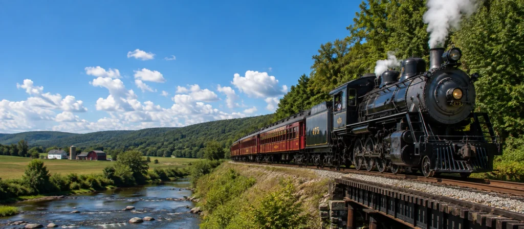 Vintage steam locomotive pulling passenger cars along a riverside track through green Pennsylvania countryside under a bright blue sky, featured Pennsylvania scenic rail excursion