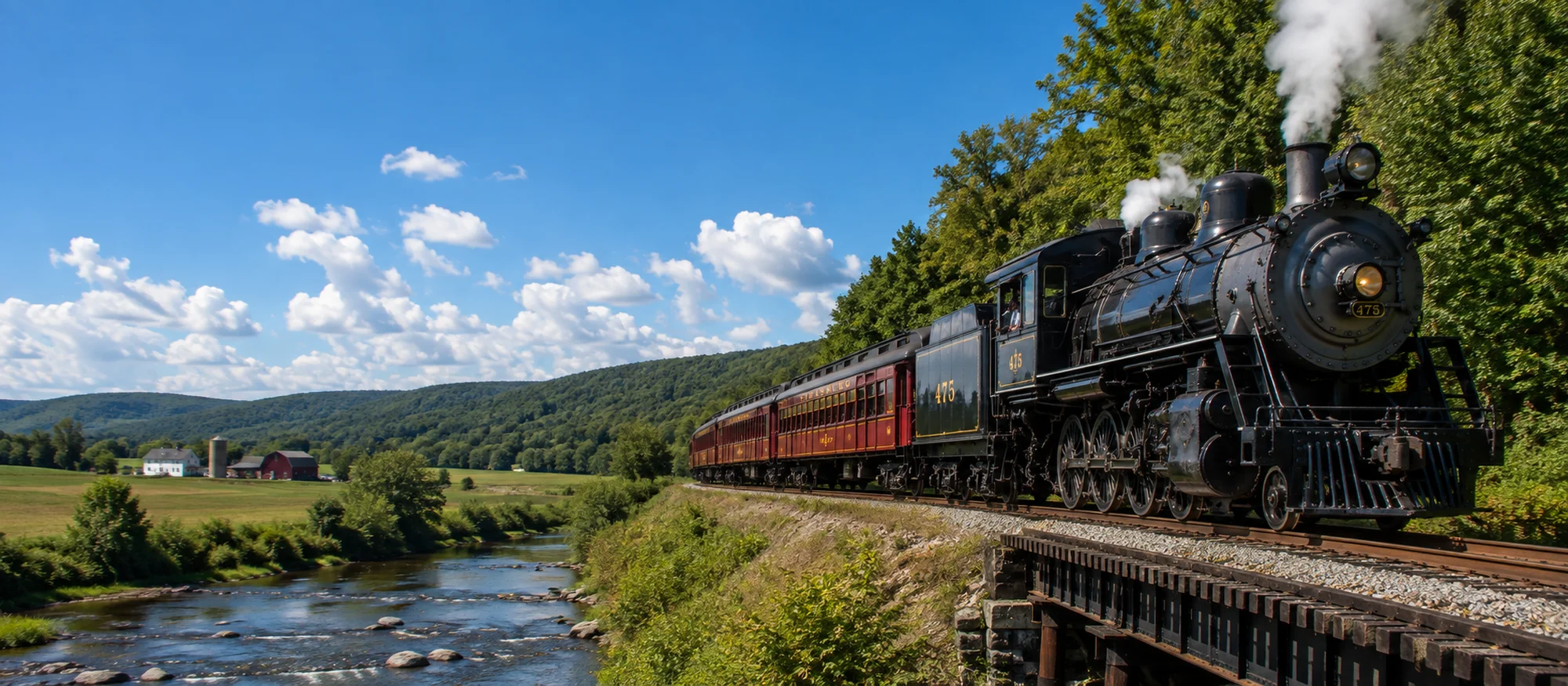 Vintage steam locomotive pulling passenger cars along a riverside track through green Pennsylvania countryside under a bright blue sky, featured Pennsylvania scenic rail excursion
