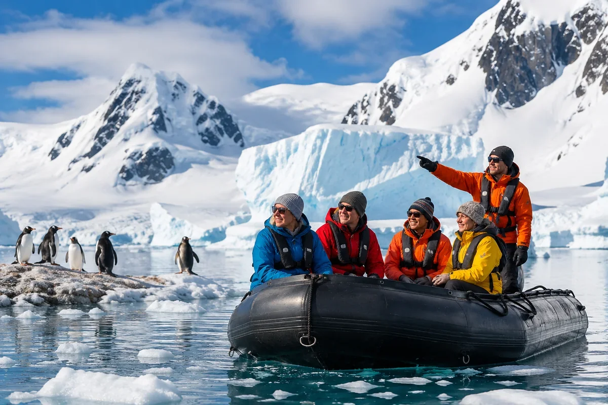 Expedition travelers viewing penguins from a Zodiac boat in Antarctica