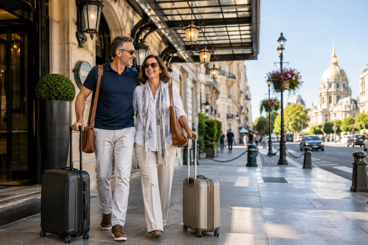 Couple arriving at a city hotel with luggage before or after a cruise