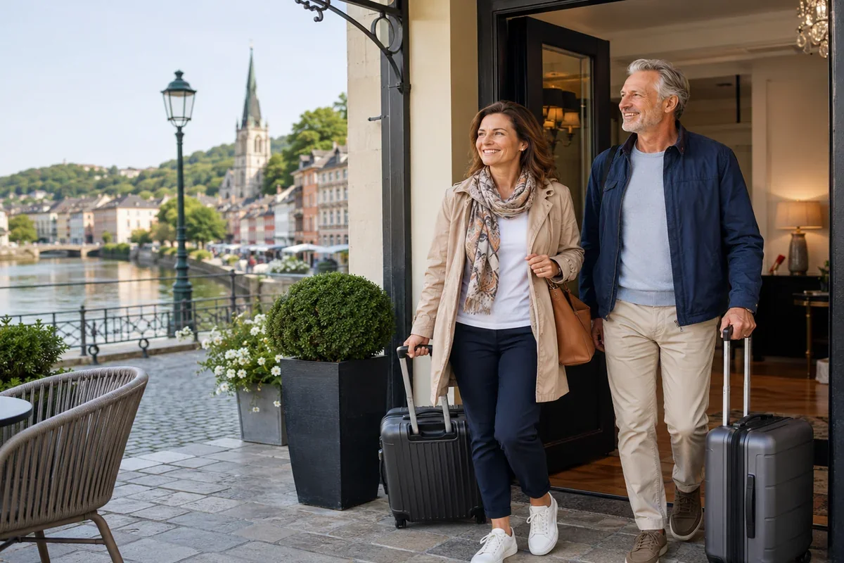 Couple arriving at a riverside hotel before or after a European river cruise