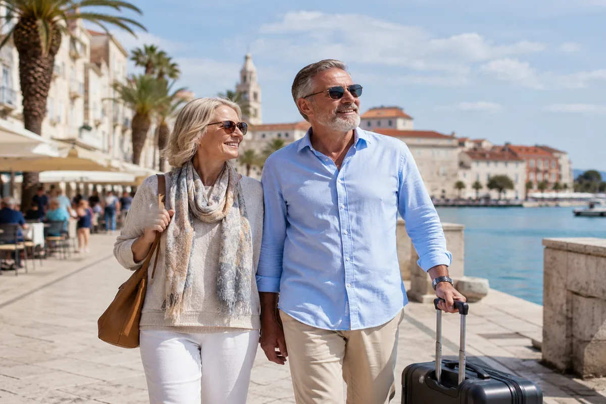 Mature couple walking arm-in-arm with luggage along a sunny Mediterranean waterfront promenade lined with palm trees and historic buildings