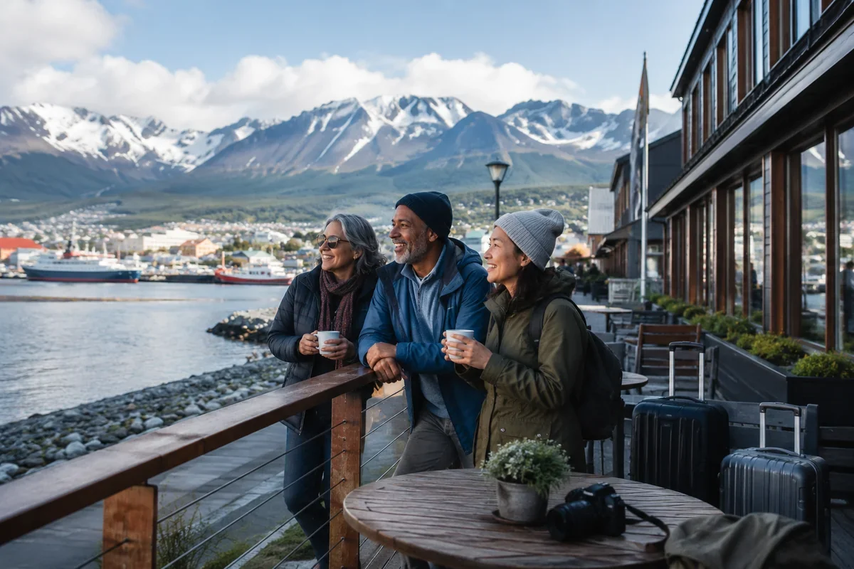 Three mature travelers with coffee on a waterfront lodge deck overlooking a harbor, ships, and snow-capped mountains before or after an expedition cruise