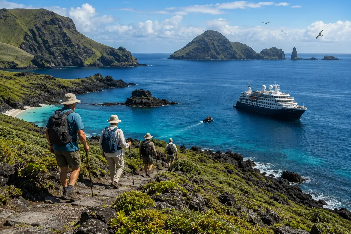 Expedition cruise travelers hiking along a remote island coastline with their ship offshore