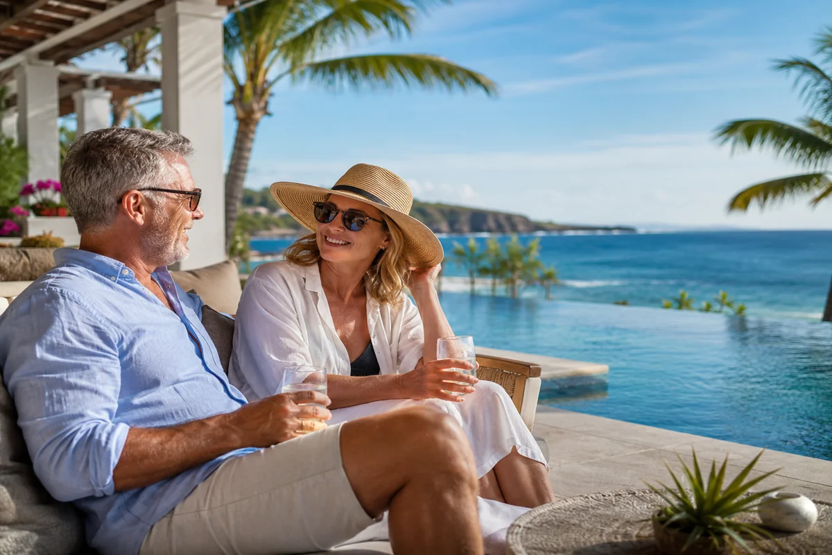 Mature couple relaxing with drinks by an infinity pool at a luxury tropical resort overlooking the ocean