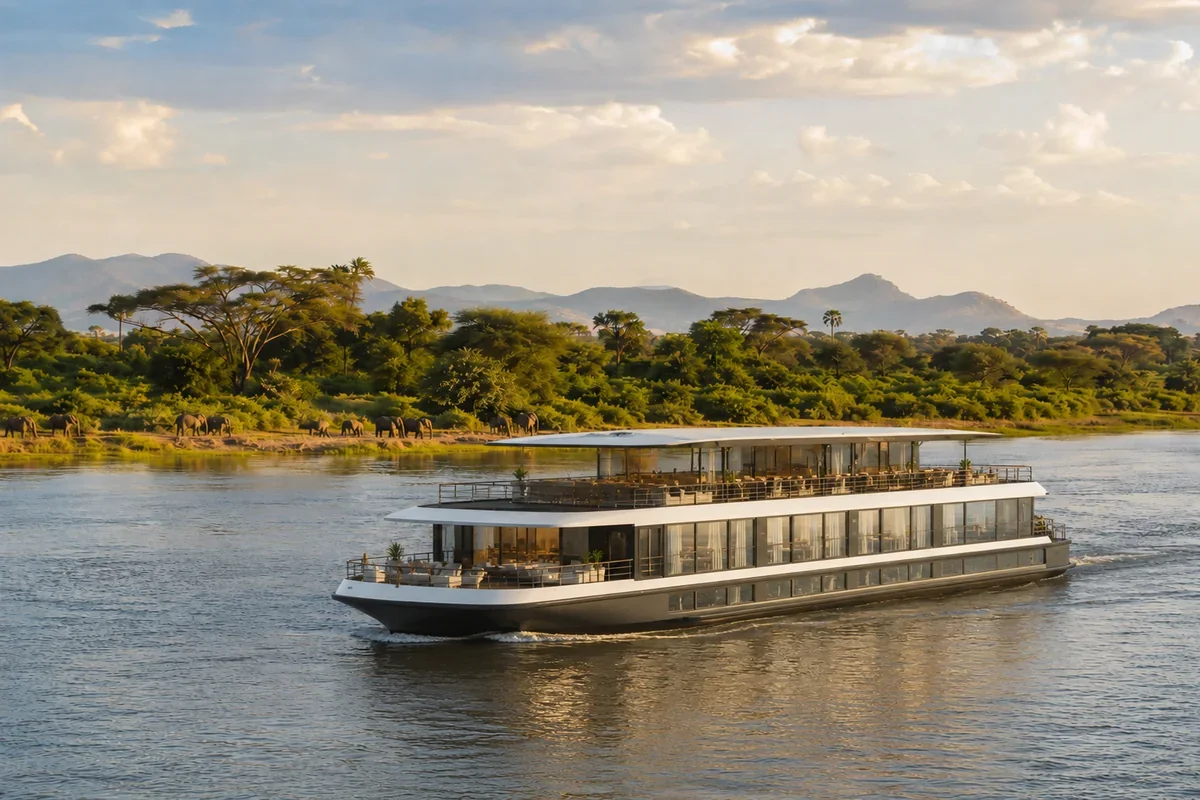 River cruise ship sailing past elephants along an African river