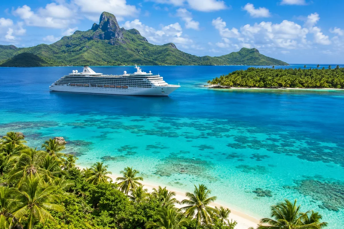 Cruise ship sailing through turquoise waters among tropical South Pacific islands