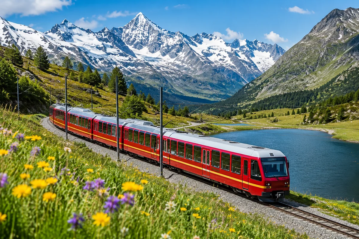 Bright red alpine train traveling through wildflower meadows past a mountain lake with snow-capped Swiss peaks in the background