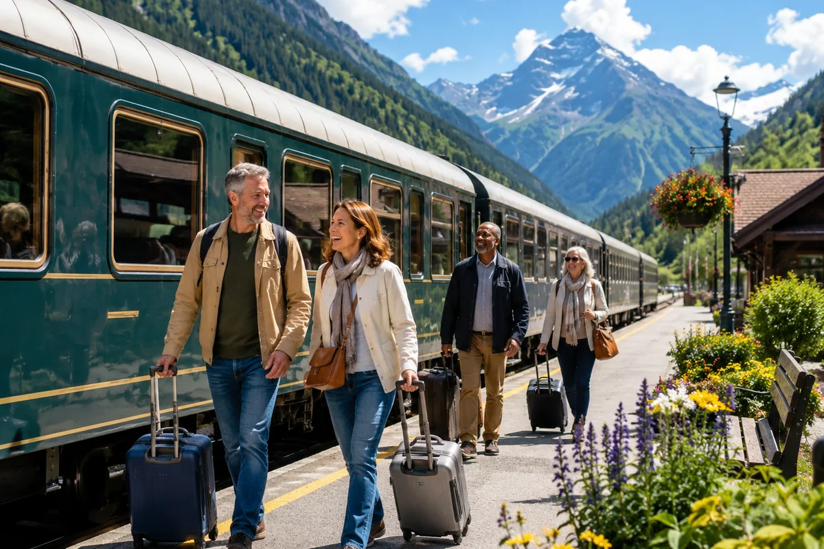 Mature travelers with luggage walking along a scenic mountain train platform beside a classic green passenger train with snow-capped peaks in the background