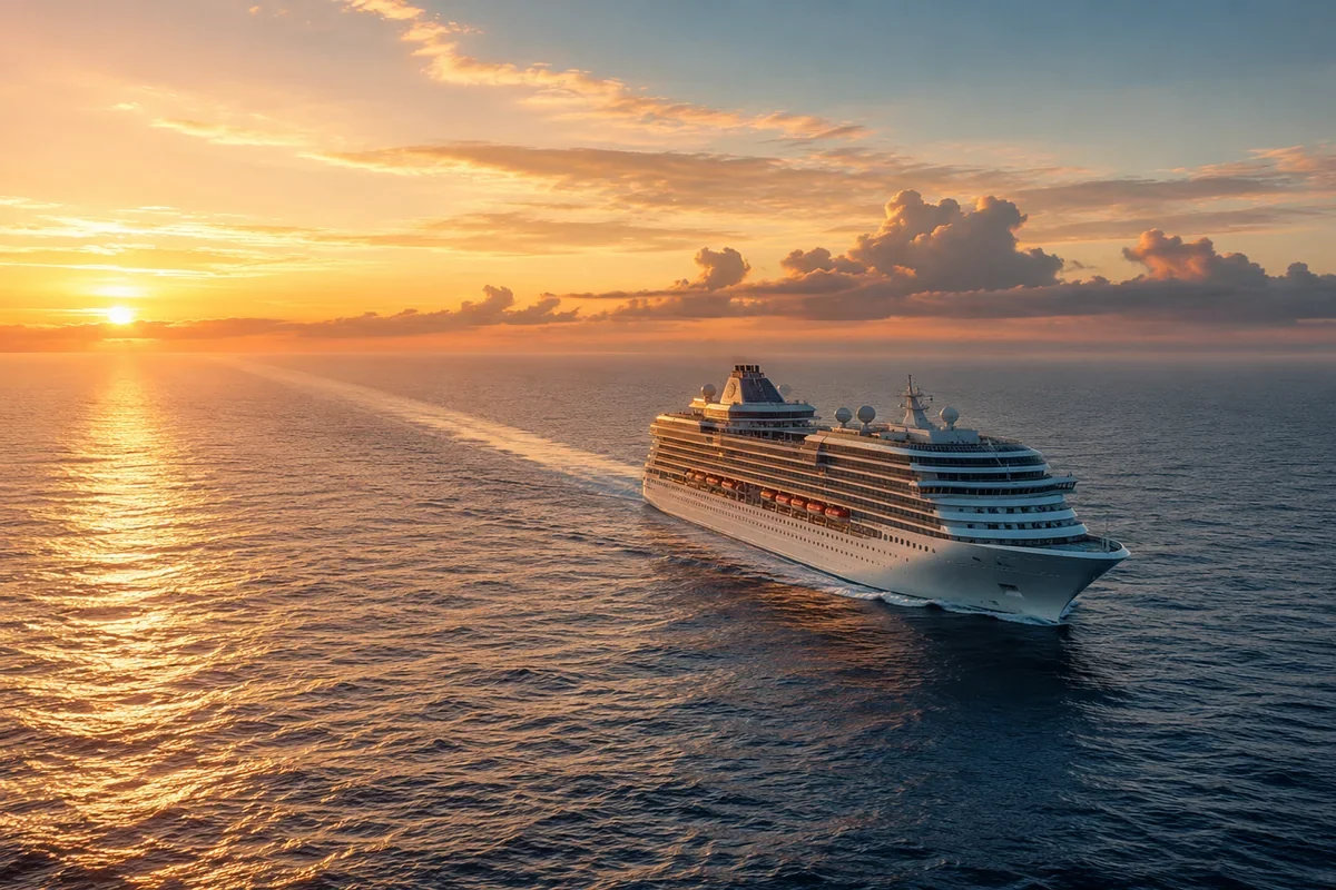 Ocean cruise ship sailing at sunset on a transatlantic or world voyage