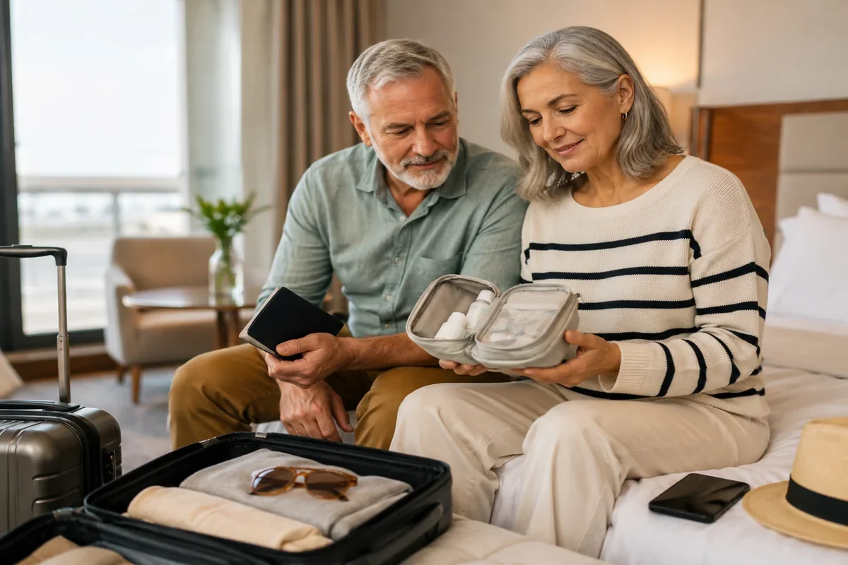 Couple packing medications and travel essentials in a hotel room