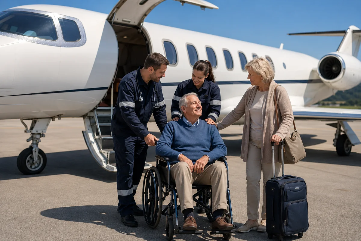 Traveler receiving assistance near an aircraft during an emergency medical evacuation