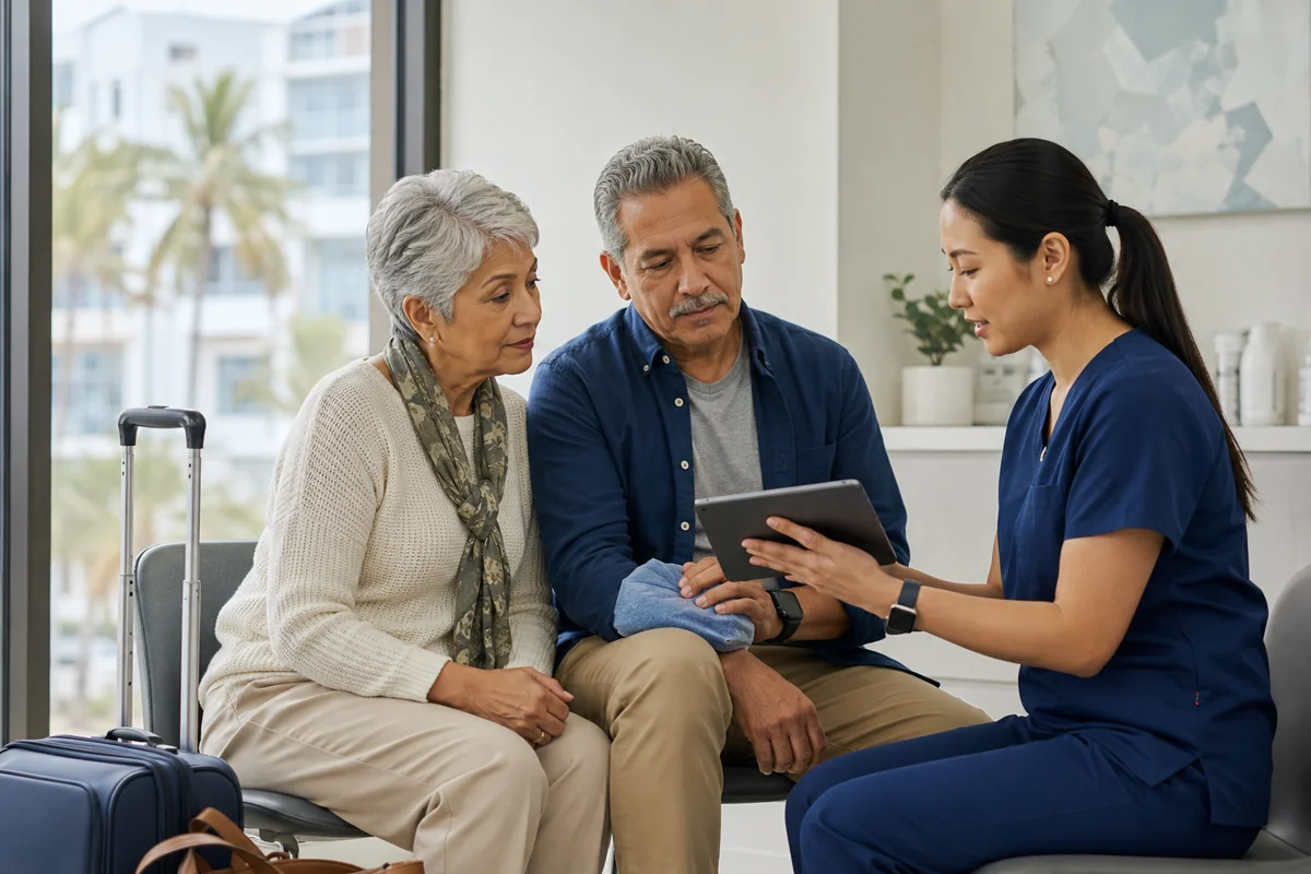 Mature couple consulting with a medical professional holding a tablet in a clinic while traveling, with luggage nearby, representing emergency medical expense coverage