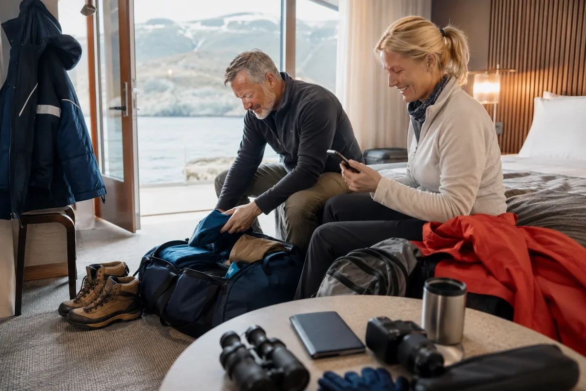 Couple packing outdoor gear for an expedition cruise