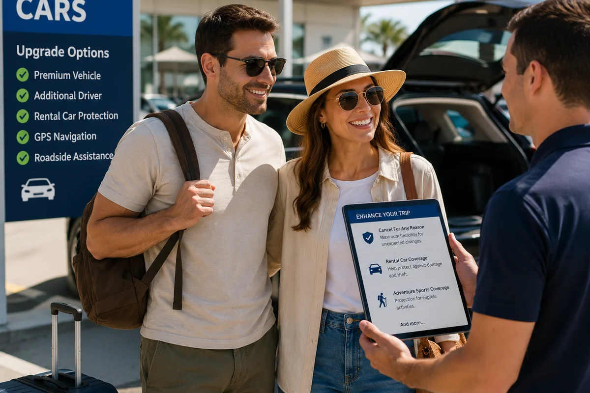 Smiling couple at a rental car counter reviewing optional travel insurance upgrades on a tablet, including cancel for any reason and rental car coverage options